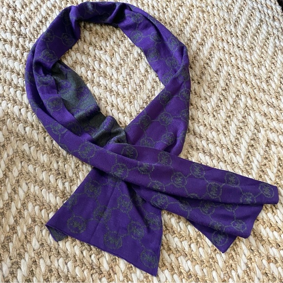 Michael Kors Purple Scarf MK Logo Reversible Grey Royal Knit Classic Patterned - Picture 1 of 4